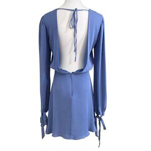 LPA 100% SILK MUTED BLUE OPEN BACK LONG SLEEVE TIE CUFF MINI CHIFFON DRESS - XS